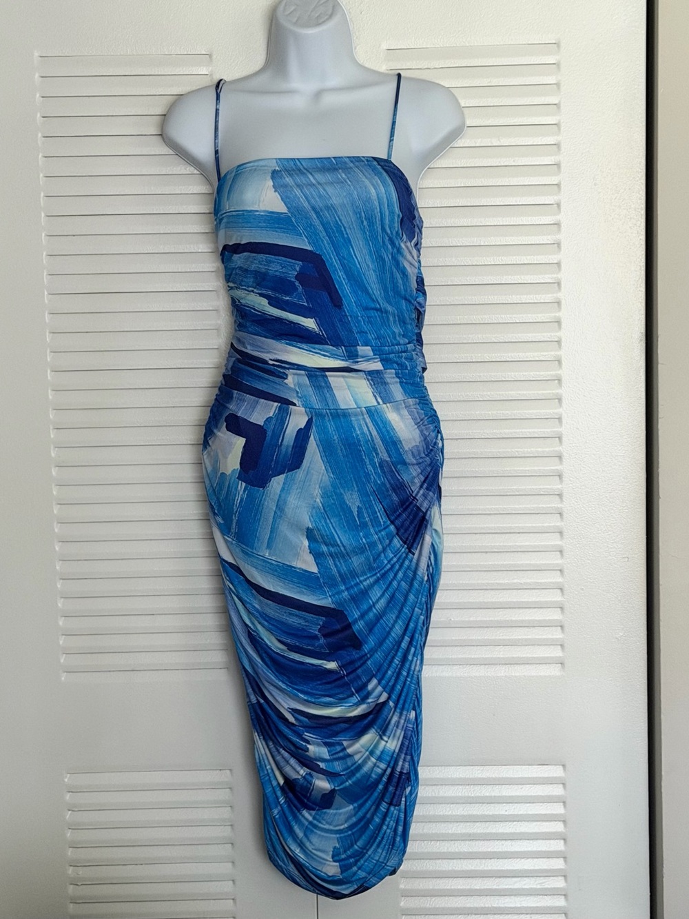 Lilly’s Kloset Blue Abstract Paint Stroke Ruched Bodycon Dress/T-0050